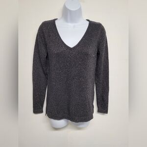 Old Navy XS Black Gold Metallic Knit Sweater V Neck Long Sleeve